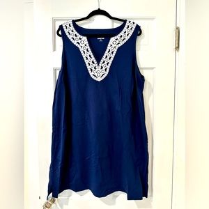 Lands End Plus-Sized 2X 20W-22W Navy White Swim Cover Up 100% Cotton